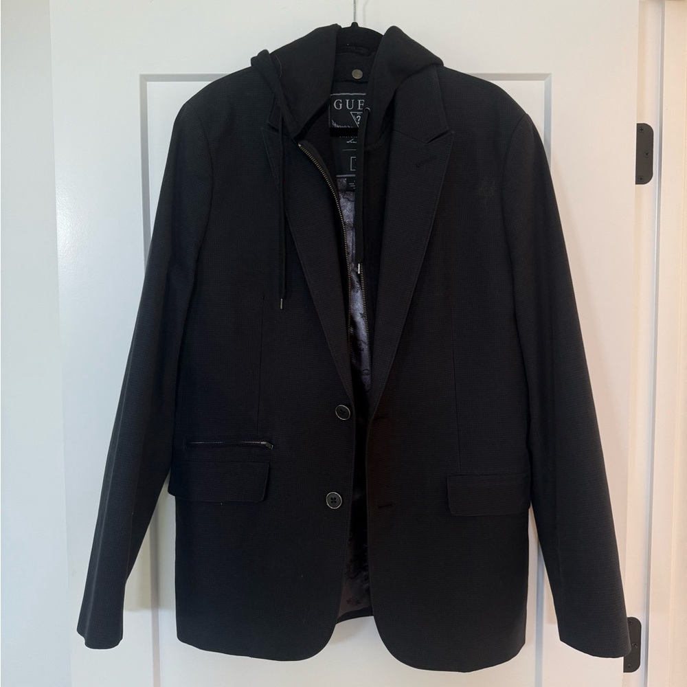 GUESS Men’s Black Micro-Check Blazer with Hoodie Insert